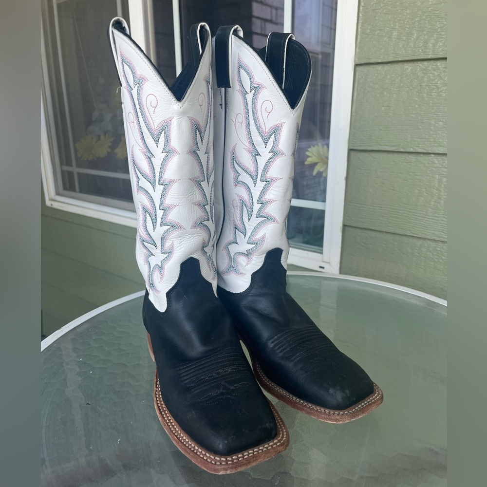 Justin Black and White Square Toe Boots